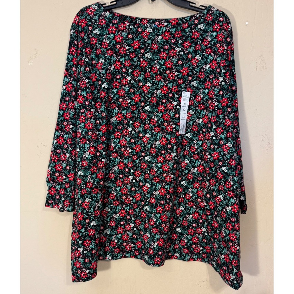 Croft & Barrow Top Women 3X Black Red Floral Classic Boatneck 3/4 Sleeve NEW